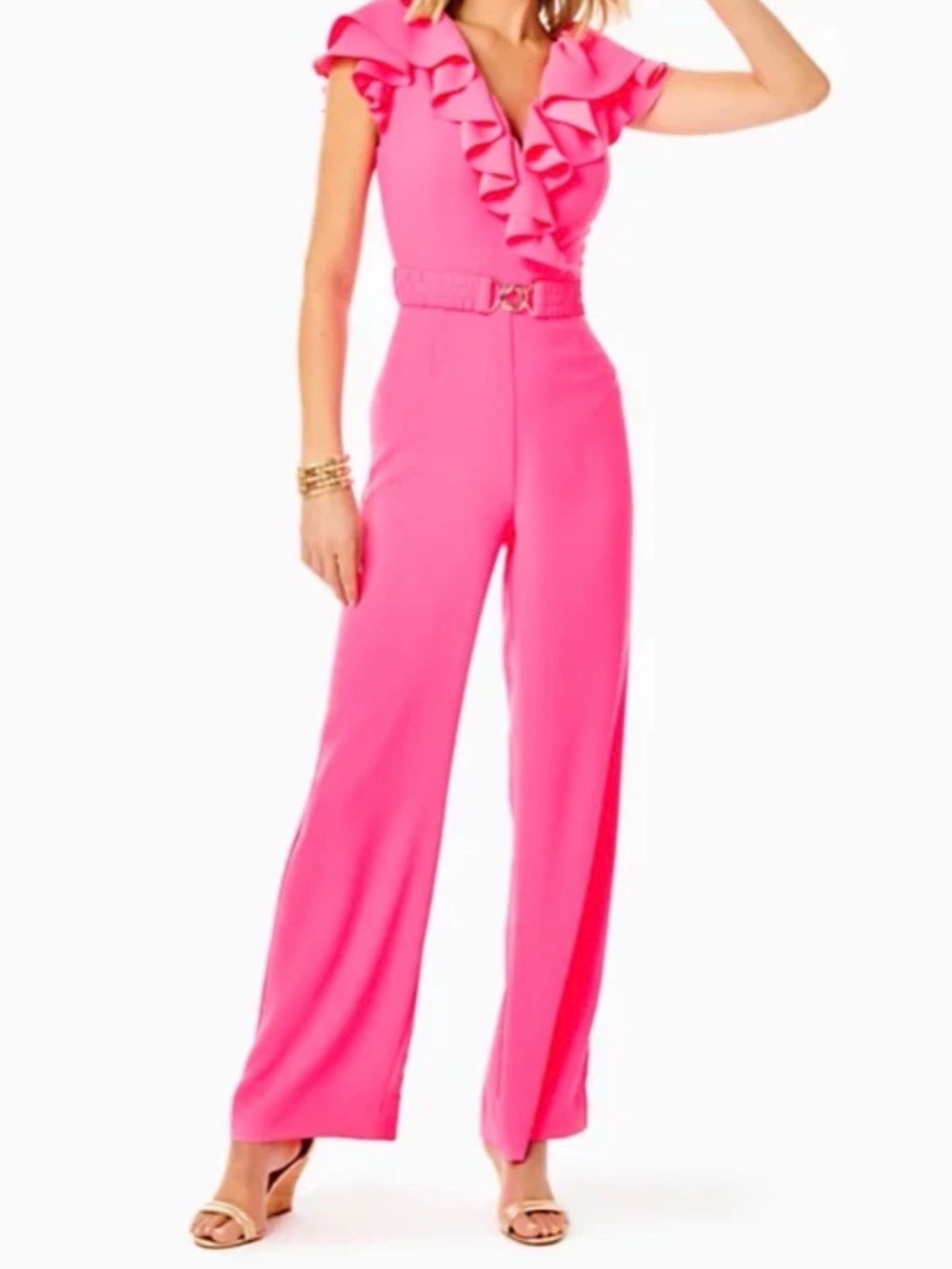 Lilly Pulitzer Cassian Jumpsuit Aura Pink Ruffle Belted Wide Leg Size 2